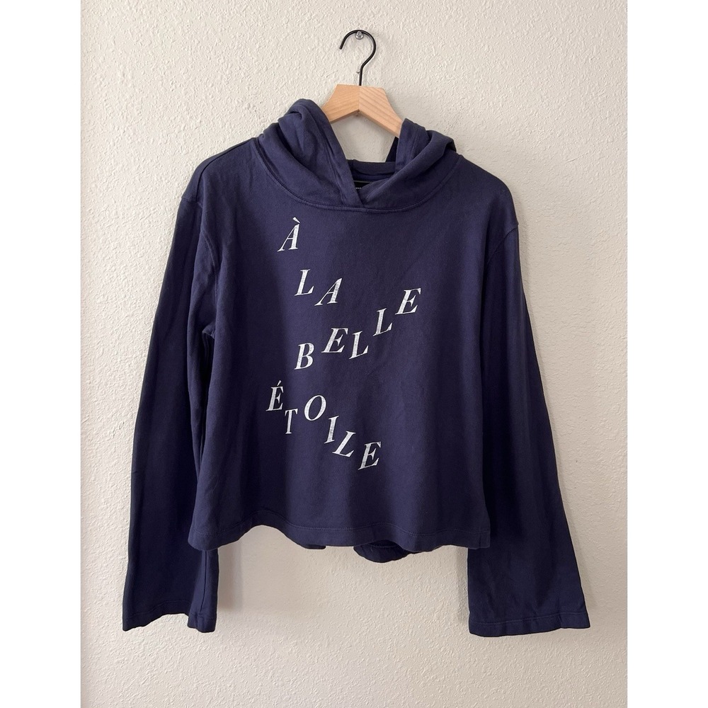 Anthropologie La Belle Cropped Graphic Hoodie Sweatshirt Blue Sporty Chic M